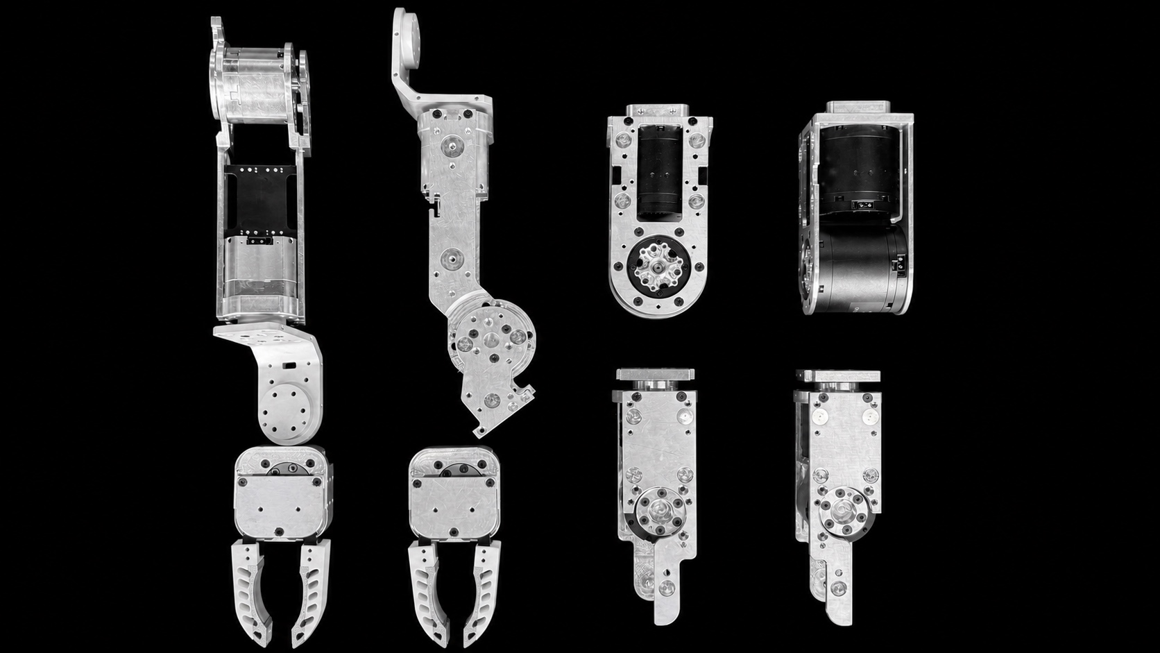 Z Lab actuator, linkage, and gripper prototypes isolated on black